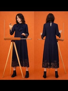 SHEIN Navy Smocked Midi Dress Ruffle Collar Lace Trim XS